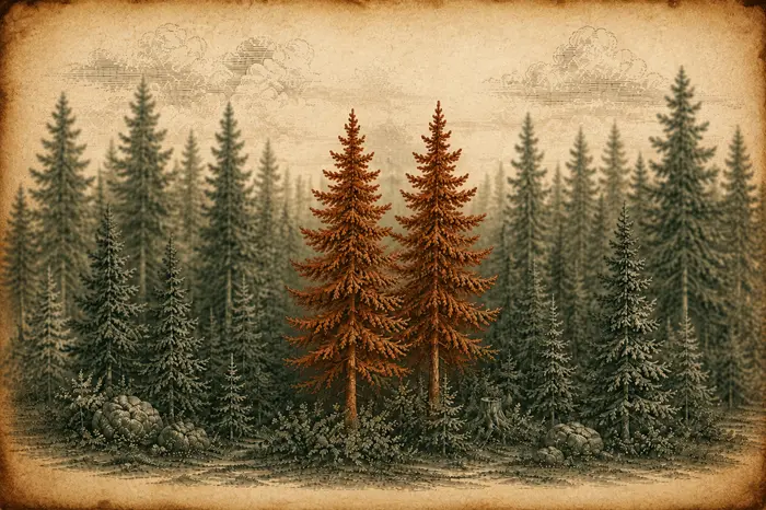 Antique engraving of an evergreen forest, most trees in muted green with two central trees picked out in copper &mdash; a metaphor for selecting a few pathways from many.