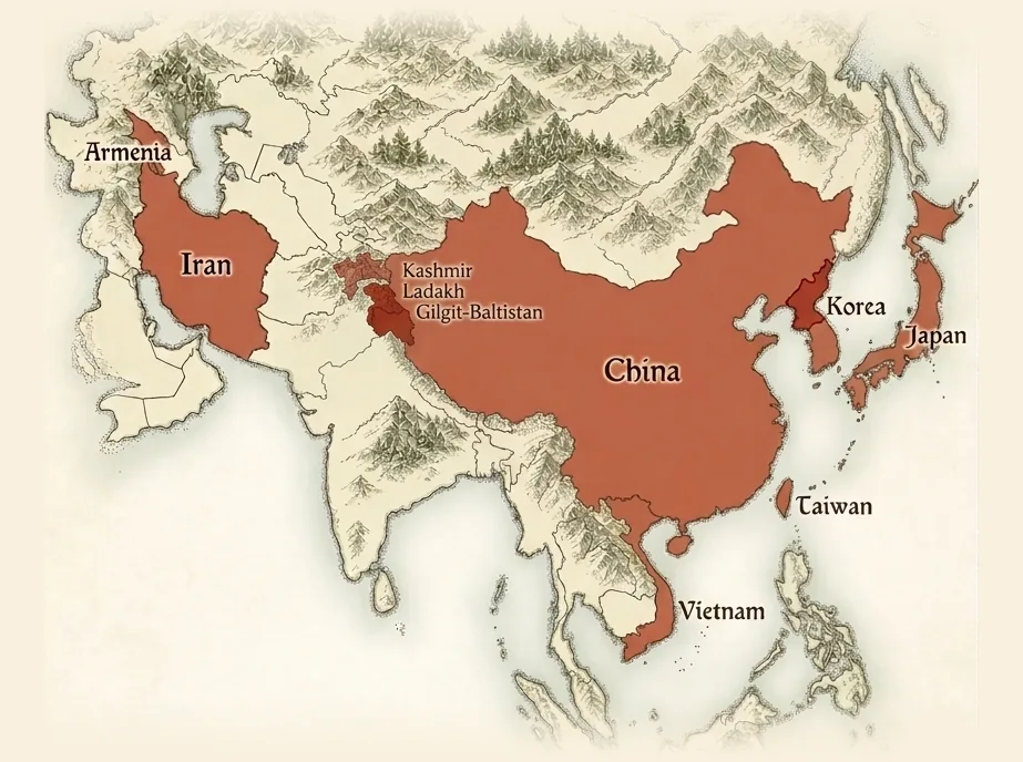 Map of Asia with the regions of recorded traditional apricot-kernel use highlighted: Armenia, Iran, the Kashmir&ndash;Ladakh&ndash;Gilgit-Baltistan highlands, China, Korea, Japan, Taiwan and Vietnam.